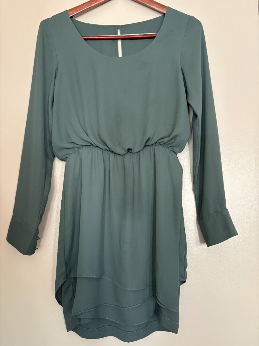 Krisa Olive Green Layered Dress XS – Long Sleeves, Knee Length